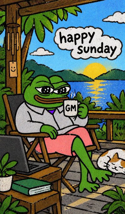 A cartoon illustration of a Pepe the Frog character relaxing in a chair holding a "GM" mug, with a laptop nearby and a speech bubble saying "happy sunday", set against a sunset over water.
