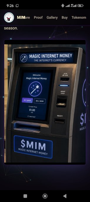The image shows an ATM machine with a screen displaying its features and a logo for Magic Internet Money (MIM). The ATM has a blue background, black buttons, and a purple logo that reads "Magic Internet Money" along with the text "the internet's currency".
