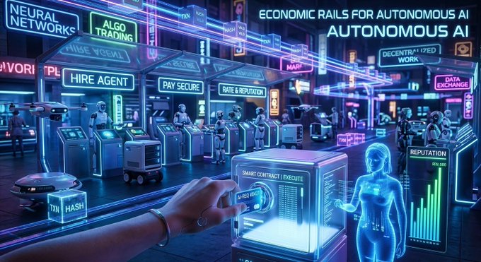 A neon-lit, futuristic digital illustration of a marketplace titled 'ECONOMIC RAILS FOR AUTONOMOUS AI' with signs like 'HIRE AGENT', 'PAY SECURE', 'NEURAL NETWORKS', 'ALGO TRADING', and 'DECENTRALIZED WORK'.