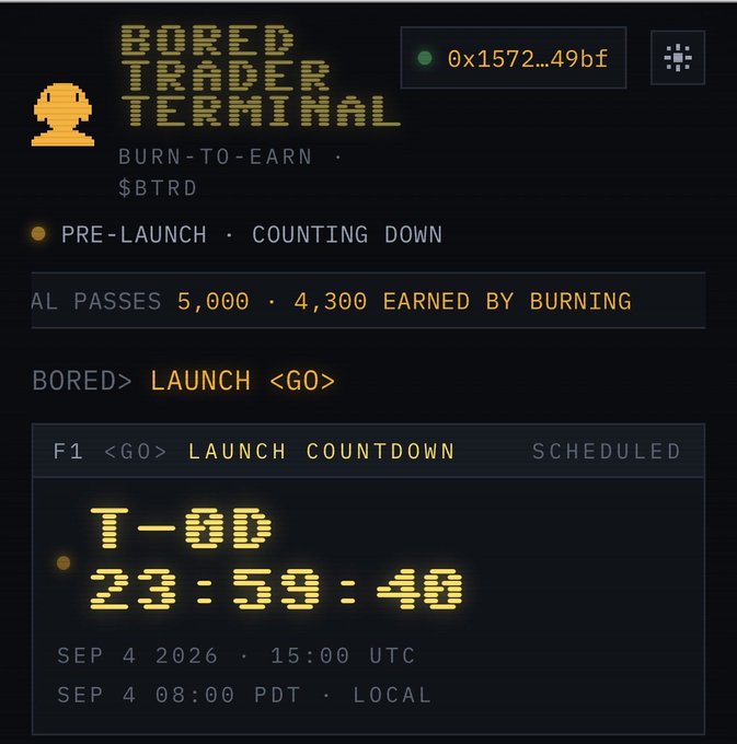 A dark terminal-style interface for 'Bored Trader Terminal' ($BTRD) shows a pre-launch countdown of 23:59:40 scheduled for Sep 4 2026 at 15:00 UTC.