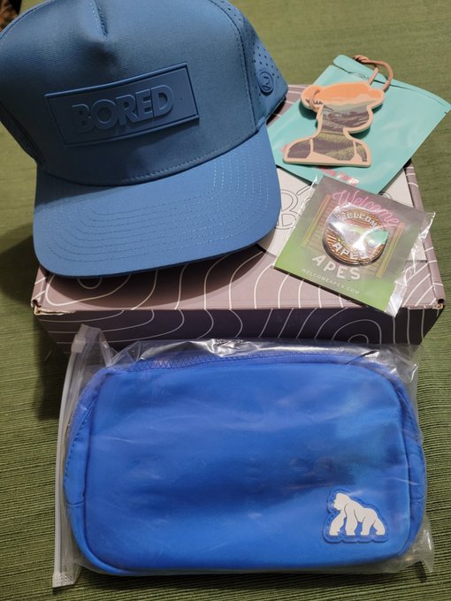 A blue "BORED" cap, a keychain, a Welcome Apes patch, and a blue bag are displayed on top of a box, all items from the Welcome Box gifted by @WelcomeApes to @JayVegas24 as mentioned in the post.