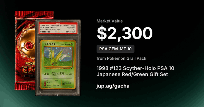 A graded Pokémon card listing showing a 1998 Japanese Scyther-Holo #123 PSA GEM-MT 10 Red/Green Gift Set card with a market value of $2,300, from jup.ag/gacha.