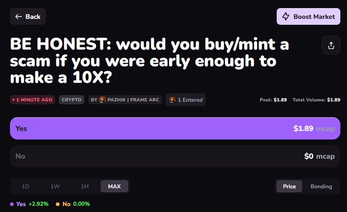 A prediction market interface titled 'BE HONEST: would you buy/mint a scam if you were early enough to make a 10X?' with 'Yes' option highlighted in purple at $1.89 mcap and 'No' at $0, showing Yes +2.92% and No 0.00%.
