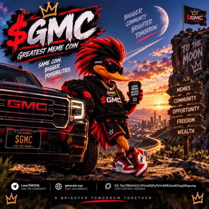 A vibrant promotional poster for the '$GMC' meme coin features a red-haired anthropomorphic duck character in sunglasses and black hoodie leaning against a GMC truck at sunset. Text includes 'GREATEST MEME COIN', 'BIGGER COMMUNITY BRIGHTER TOMORROW', 'TO THE MOON', and lists 'MEMES, COMMUNITY, OPPORTUNITY, FREEDOM, WEALTH' on wooden signs.