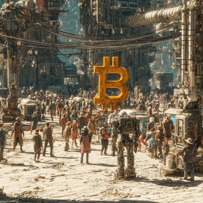 A futuristic, post-apocalyptic city street scene filled with people and machinery features a large, glowing golden Bitcoin symbol floating in the center.