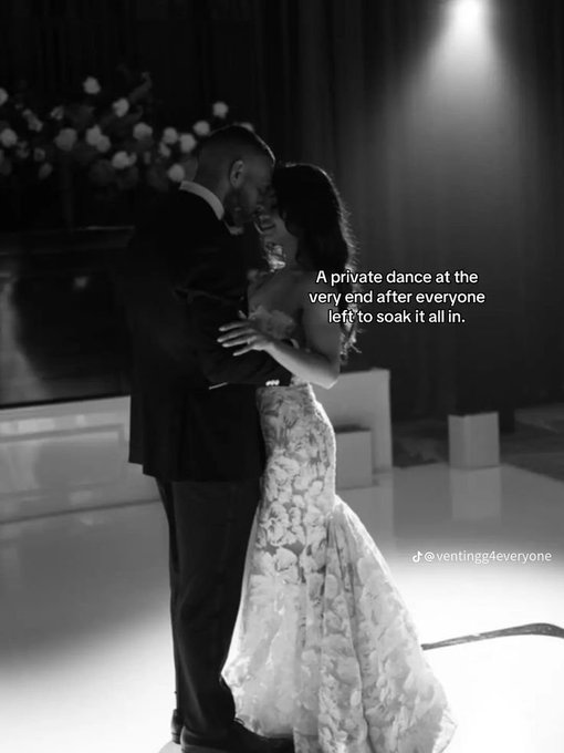 Black and white wedding photo of a couple dancing at the end of the reception, captioned 'A private dance at the very end after everyone left to soak it all in.' with watermark '@venting4everyone'.