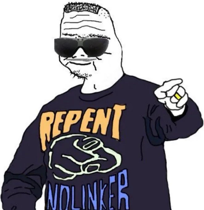 A digital drawing of a character with sunglasses and a goatee wearing a sweatshirt that reads 'REPENT NOLINKER' with a pointing hand graphic, appearing to be a meme about PEPE cryptocurrency.