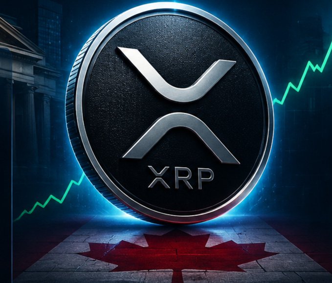 A 3D-rendered silver and black coin bearing the 'XRP' logo sits on a Canadian flag surface, with a green upward-trending line chart and classical architecture in the background.