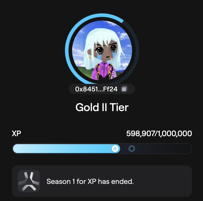A profile screen showing an anime-style avatar with white hair, identified as 'Gold II Tier' with 598,907/1,000,000 XP earned, noting that 'Season 1 for XP has ended.'