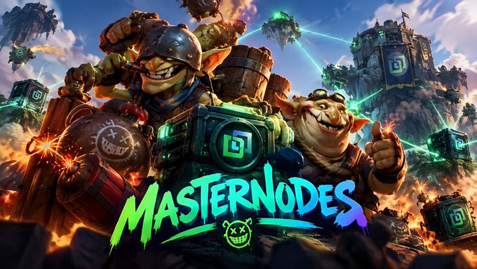 A vibrant gaming-style promotional image features two goblin characters holding bombs, with the text 'MASTERNODES' displayed prominently below them.