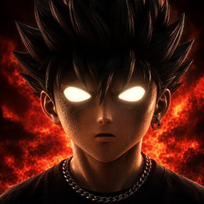 A 3D-rendered anime-style character with spiky black hair and glowing white eyes, set against a fiery red background.