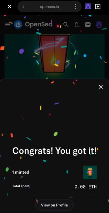A screenshot from the OpenSea app showing a successful free mint of an NFT, with the text 'Congrats! You got it!' and 'Total spent 0.00 ETH'.