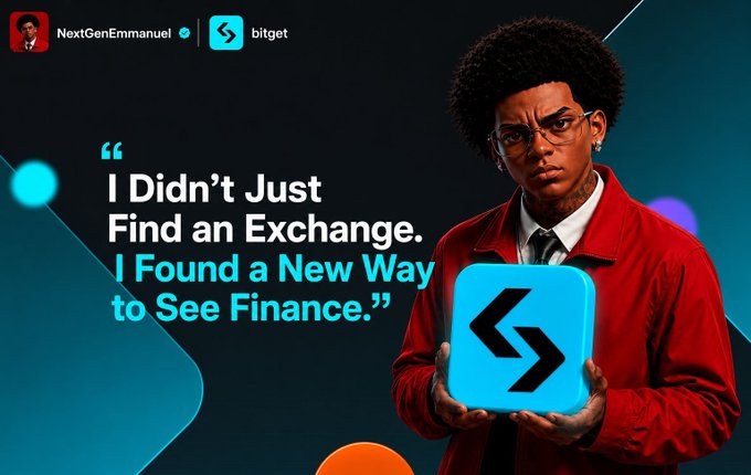 A promotional graphic featuring a stylized 3D character in a red jacket holding the Bitget logo, with text reading 'I Didn't Just Find an Exchange. I Found a New Way to See Finance.' and the handle NextGenEmmanuel.