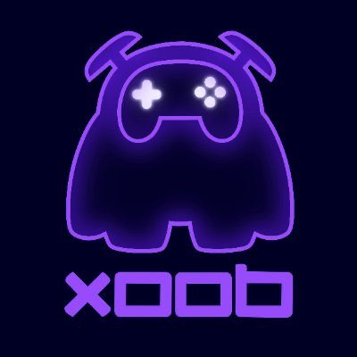 The image features a purple logo for Infrastructure Shift or Subsidized Growth with Attribution (XOOB). The logo consists of a cartoon-like creature made up of neon lights against a dark background. The creature has two arms, one on each side, and is holding a game controller in its hands. The XOOB logo also includes the words "XOOB" written below it.