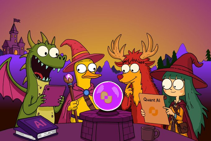 A cartoon illustration of four fantasy characters—a dragon, a duck in a wizard hat, a reindeer, and a girl in a witch hat—gathered around a glowing pink crystal ball, with a book labeled 'AI' and a sign reading 'Quant AI'.