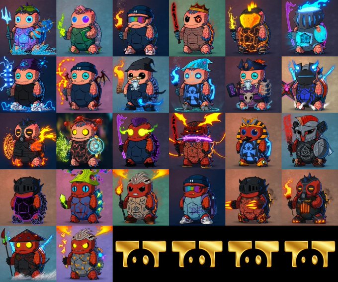 A grid displays numerous chibi-style turtle character variants with different elemental powers, weapons, and color schemes, with four gold 'Toto' logos at the bottom.