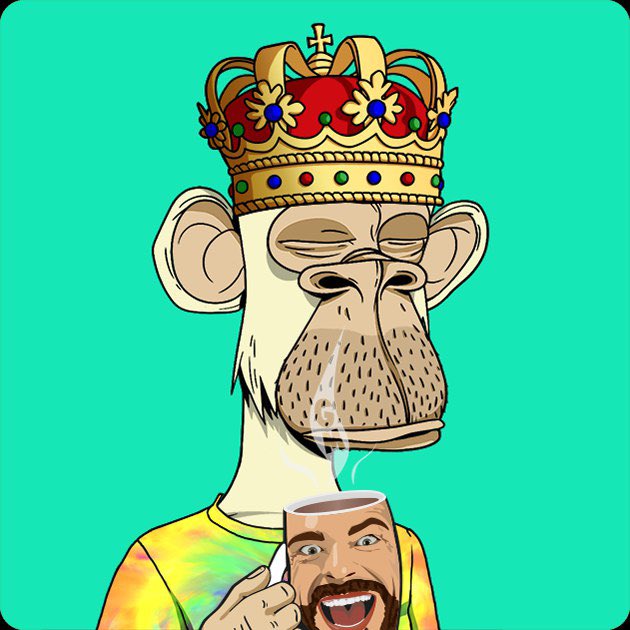 An illustrated Bored Ape-style character wearing a jeweled crown, with a man's face photoshopped onto the bottom holding a steaming mug of coffee.