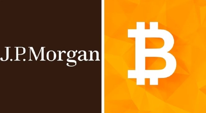 The image shows a split graphic with the J.P. Morgan logo on a dark brown background on the left and the Bitcoin (₿) symbol on an orange background on the right, visually representing the flow of institutional capital from traditional banking giants into Bitcoin ETFs as highlighted in the post.