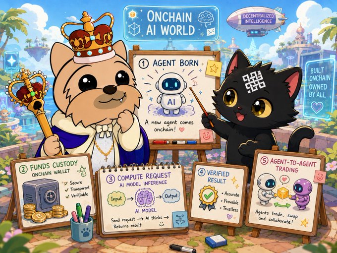 The image features a cartoon cat wearing a crown, standing next to an AI agent holding a book titled "AI Agent World" with a smiley face. The scene takes place outdoors, with a garden visible behind them. A sign reading "AI Agent" is also present in the image.