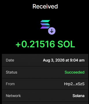 A screenshot of a successful Solana wallet transaction confirming the receipt of +0.21516 SOL on August 3, 2026, serving as proof of payment for the $NOBULL presale purchase of 4.3 million tokens.