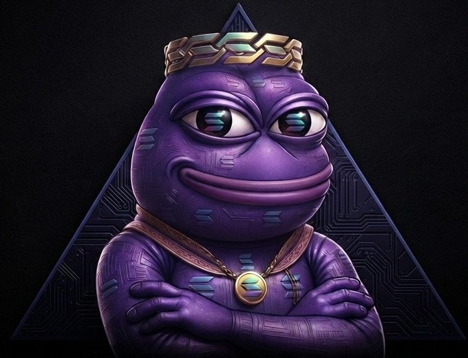 A 3D-rendered purple Pepe-style character with a crown and Solana logo medallion, set against a circuit-pattern triangular background.