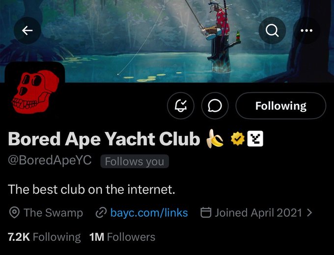 The image shows a social media post from the Bored Apapey Yacht Club, which has been shared by multiple people. The post features an image of a man fishing with a fish rod, accompanied by a caption that reads "Following @BoredApeYC". This caption is followed by several mentions and likes on the post, indicating its popularity among users.