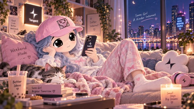 An anime-style illustration shows a character with blue hair and a pink cap lounging with a cat and phone in a cozy, decorated bedroom.