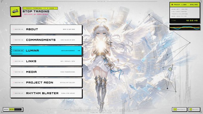A futuristic website interface for $SPX features an anime-style angelic character with a halo, surrounded by a menu with options like "STOP TRADING," "LUMINA," "LINKS," "MEDIA," "PROJECT AEON," and "RHYTHM BLASTER," alongside a price ticker showing "$SPX/USD" and "LIVE" status. The accompanying post promotes the newly redesigned spx6900.com website created by @fangiskhan.