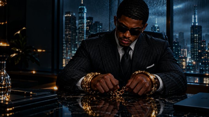 A man in a dark pinstripe suit and sunglasses sits at a table with a dark marble surface, examining a thick gold chain bracelet, with a nighttime city skyline visible through the rain-streaked window behind him.