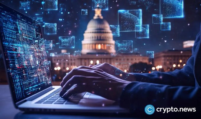A person types on a laptop displaying code, with the U.S. Capitol building illuminated in the background and floating digital data squares, branded with a 'crypto.news' watermark.