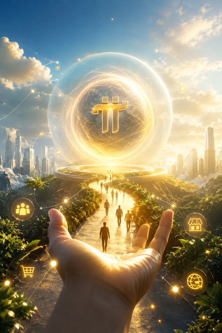 A vibrant digital artwork depicting a hand holding a glowing orb with the Pi cryptocurrency logo (π), with people walking toward it and various app icons floating around the scene.