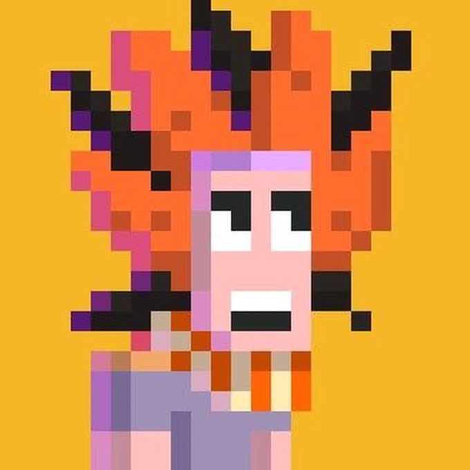 A pixel art portrait of a character with wild, flame-like orange and purple hair against a yellow background, titled "BITFLAME," created as a creative application piece to stand out among over 12,000 applicants for the BITFOOTS project. The fiery hair design visually represents the "BITFLAME" concept, blending the brand identity with artistic flair to showcase the creator's unique approach.
