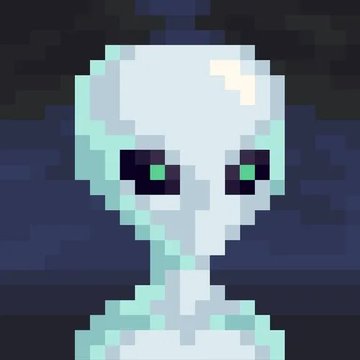 A pixel art portrait of a pale alien-like character with glowing green eyes set against a dark blue background.