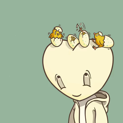 A cute illustration of a white character with a heart-shaped head wearing a hoodie, with three small yellow chicks hatching from eggs on top of its head.