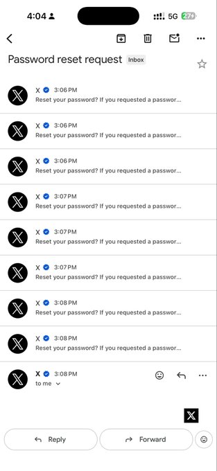 An email inbox showing multiple 'Password reset request' emails from X (Twitter) sent between 3:06 PM and 3:08 PM, with options to reply or forward.