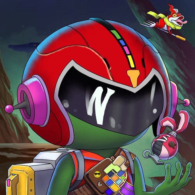 A colorful illustration of a green alien in a red helmet with a 'W' logo on the visor, wearing a Rubik's cube belt accessory, with a small devil-pitchfork creature flying in the upper right.