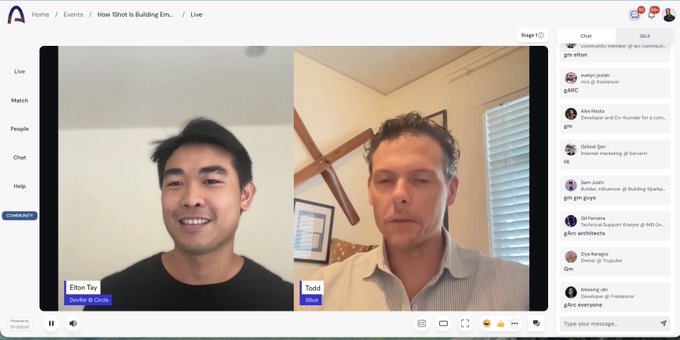 A screenshot of a live stream on Arc House featuring a video call between "Elton Tay" (Double 0 Goods) and "Todd" (WOOO), with a chat panel on the right displaying messages from community members including Ivelin, Alex Nesta, Michael Syn, and others discussing USDC onramping and Building Startups.