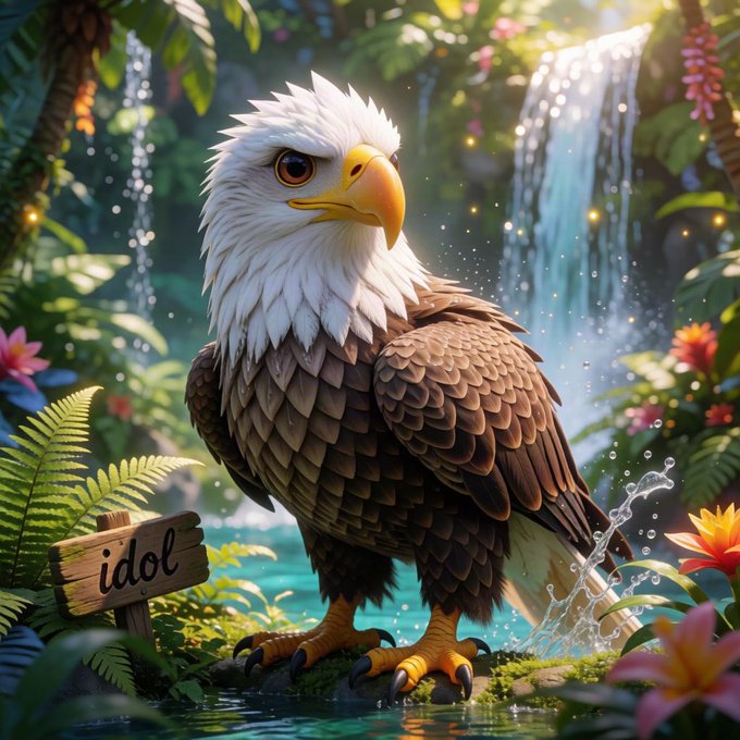 A digital illustration of a bald eagle standing in a lush, vibrant jungle setting with a waterfall, ferns, and a wooden sign reading 'idol'.
