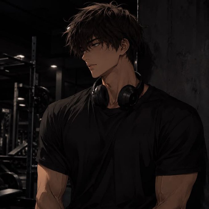 An anime-style illustration of a muscular young man with brown hair wearing a black t-shirt with black headphones around his neck, set in what appears to be a gym.