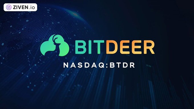 A promotional graphic for BitDeer with the NASDAQ ticker BTDR, featuring a green deer-head logo on a blue digital background with the Ziven.io watermark in the corner.