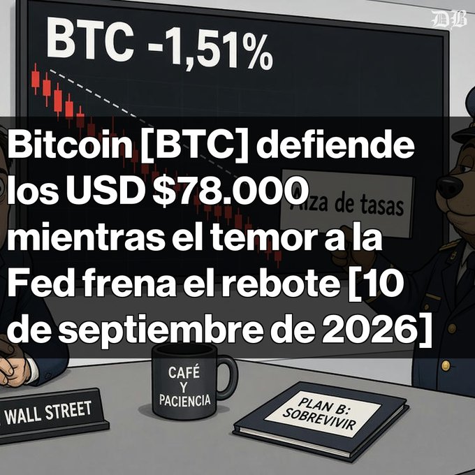 Spanish-language crypto news graphic titled 'BTC -1,51%' with the headline 'Bitcoin [BTC] defiende los USD $78.000 mientras el temor a la Fed frena el rebote [10 de septiembre de 2026]', featuring a cartoon bear character and a mug labeled 'CAFÉ Y PACIENCIA'.
