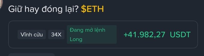 A cryptocurrency trading interface in Vietnamese asking 'Giữ hay đóng lại? $ETH' (Keep or close? ETH), showing a long position with +41,982.27 USDT profit and 34X leverage.