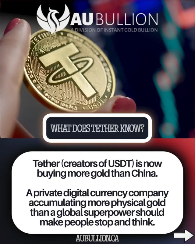 The image shows a person holding up a gold coin, which appears to be a Bitcoin token or coin. Below the coin, there is text that provides information about the coin's value and its relation to USDT (United States Dollar). The text also mentions that the coin was created by a private digital currency company called Tether.