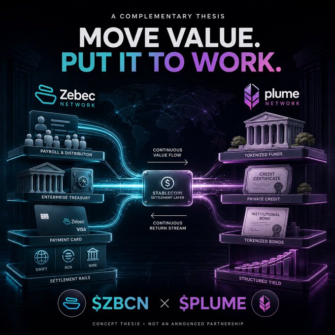 A promotional infographic titled 'MOVE VALUE. PUT IT TO WORK' presenting a 'COMPLEMENTARY THESIS' between Zebec Network ($ZBCN) and Plume Network ($PLUME), illustrating continuous value flow and return streams through a stablecoin settlement layer.