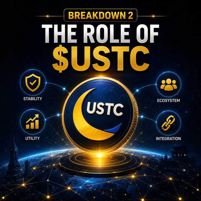 A promotional graphic titled 'BREAKDOWN 2 THE ROLE OF $USTC' featuring a USTC coin with a crescent moon design, surrounded by four icons representing Stability, Utility, Ecosystem, and Integration against a cosmic Earth backdrop.
