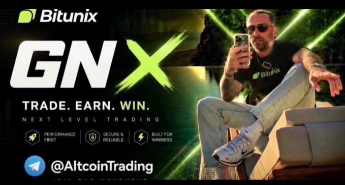 The image is a promotional banner for Bitunix's "GNX" campaign, featuring a casually dressed man with sunglasses holding a phone, alongside the text "GNX TRADE. EARN. WIN. NEXT LEVEL TRADING" and key selling points like "Performance First," "Secure & Reliable," and "Built for Winners," tagged by @AltcoinTrading. It relates to the post by tying the high-conviction trade challenge to Bitunix's branded trading platform and performance-focused messaging.