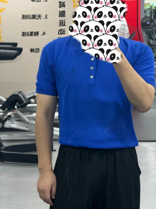 A person taking a mirror selfie in a gym while wearing a blue polo shirt, with their face obscured by a panda sticker. The caption mentions a daily fitness check-in challenge "day17," which aligns with the gym setting shown in the image.