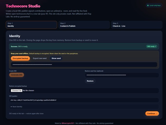 A screenshot of the 'Technocore Studio' web app shows its 'Identity' step for creating a local DID, featuring seed encryption and a generated DID string.