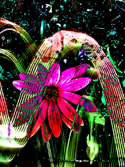 The image features a digital art piece with a pink flower at its center, surrounded by green leaves that give it an impression of being in a garden or field. The background is black, which contrasts with the vibrant colors of the flower and leaves. The image also contains text that reads "Have you explored the Tezos event? There'S so much wonderful work by talented artists who all contribute so much to the Tezos community. I think they all deserve more eyes on their work." This message is related to the art piece, as it seems to be promoting an online event or gathering of artists and enthusiasts in the Tezos community.