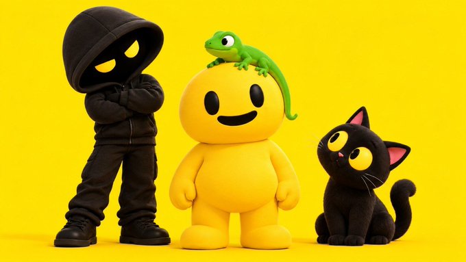 Three adorable 3D-rendered characters—a hooded figure in black, a smiling yellow mascot with a green gecko on its head, and a wide-eyed black cat—stand together against a bright yellow background, playfully echoing CoinGecko's branding and mascot theme to celebrate GO's new listing on CoinGecko.